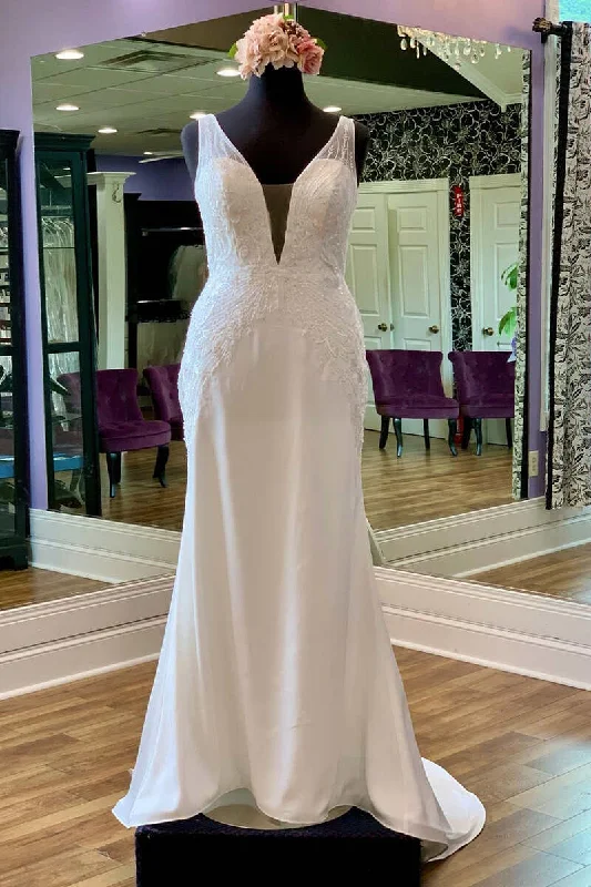 Great Deals White Appliques Sheer Straps Open Back Mermaid Long Wedding Dress