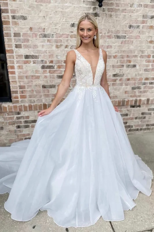 Savings Galore White Lace Plunge V Backless A-Line Long Wedding Dress