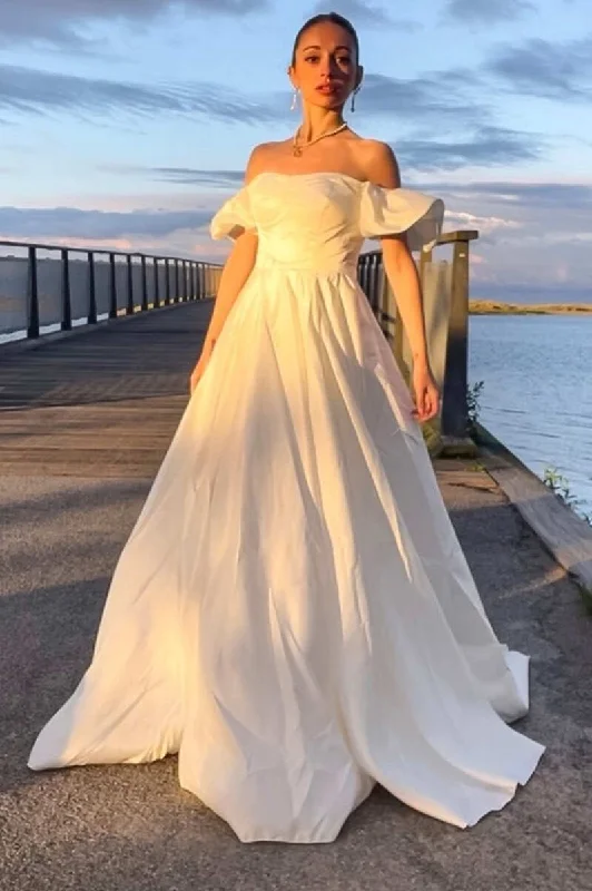 Super Deal White Off-the-Shoulder Ruffled Sleeve A-Line Long Wedding Dress