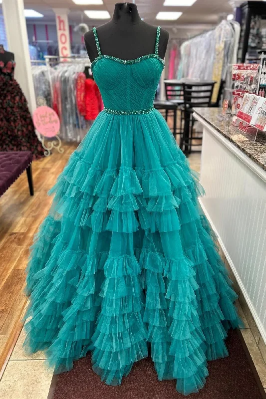 Take Advantage Tiered Ruffle Sweetheart Beaded Long Prom Dress