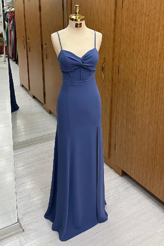Best Bargains Navy Twist-Front Long Formal Dress with Spaghetti Straps
