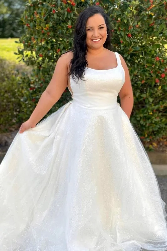 Factory Direct Sale Glittery Square Neck Backless A-Line Long Wedding Dress