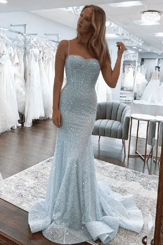Loyalty Reward Mermaid Spaghetti Straps Glitter Mermaid Long Prom Formal Dress