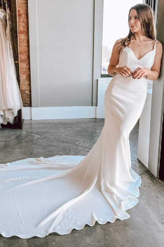 One-DAY Sale White V-Neck Tie-Back Mermaid Long Wedding Dress