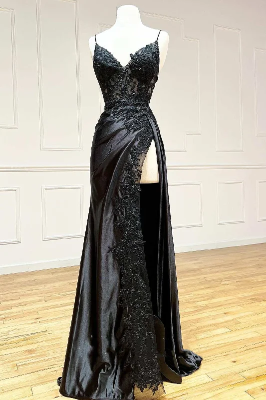 Limited Availability Black Appliques V-Neck Lace-Up Prom Gown with Slit