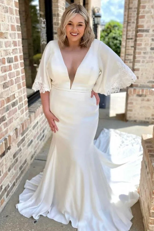Buy More, Save More White V-Neck Flutter Sleeve Mermaid Long Wedding Dress