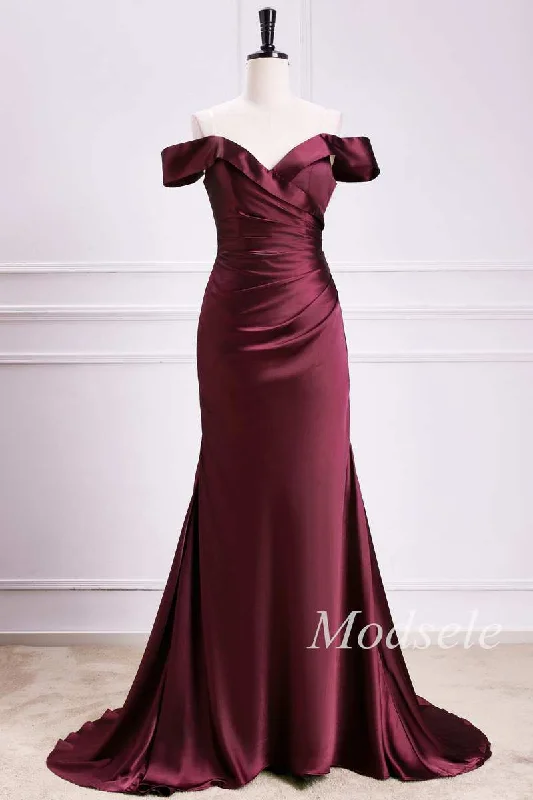 Amazing Deals Off-the-Shoulder Pleated Trumpet Maxi Dress in Burgundy