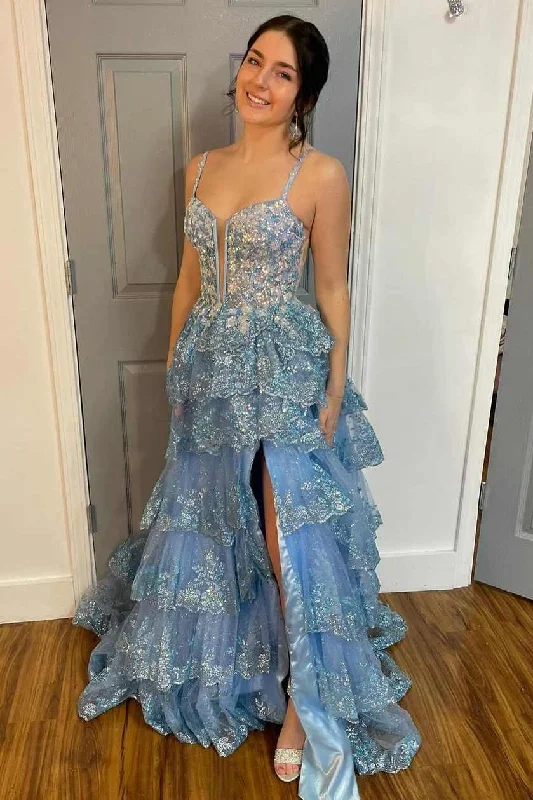 Amazing Deals A-Line Tulle Sequin Spaghetti Strap Ruffle Tiered Long Gown with Slit
