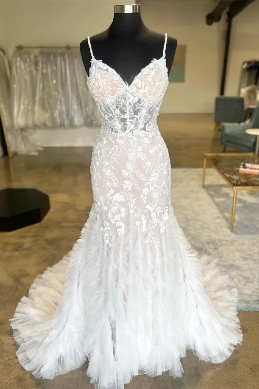 The Best Prices Ivory Spaghetti Strap Ruffles Trumpet Long Wedding Dress