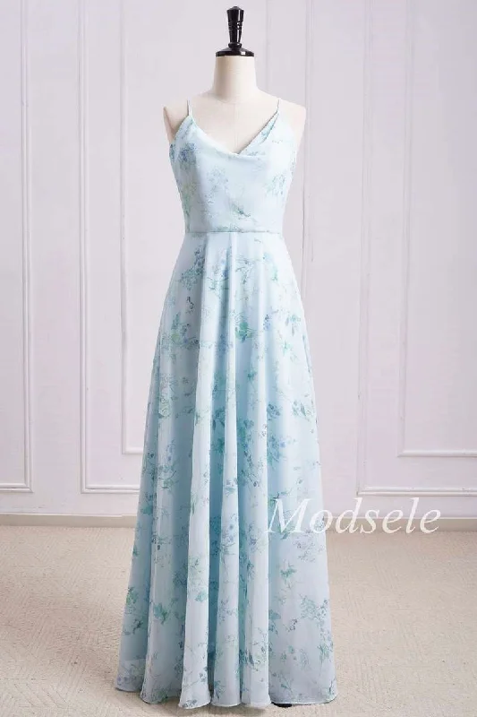 Blowout Sale Floral Print Cowl Neck Cross-Back Chiffon Bridesmaid Dress