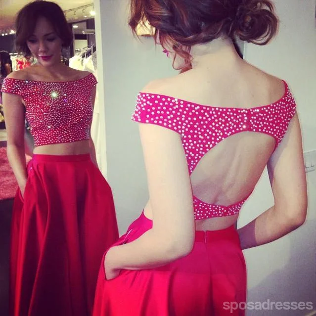 Price Slash Off Shoulder Two Pieces Red Evening Prom Dresses, Sexy Open Back Party Prom Dress, Custom Long Prom Dresses, Cheap Formal Prom Dresses, 17081