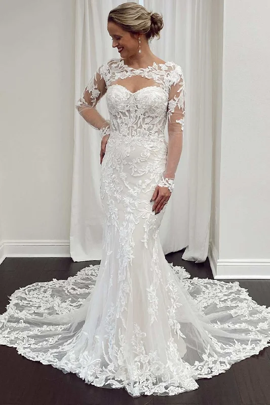 Don't Wait White Lace Cutout Long Sleeves Trumpet Bridal Gown