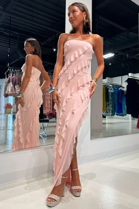 Weekend Flash Sale Strapless Ruffle Chiffon Maxi Dress with Slit in Pink