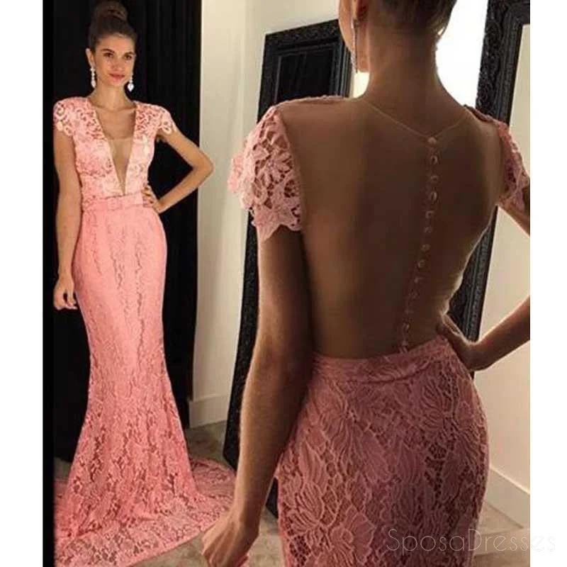 Fantastic Offers Cap Sleeve Peach Lace Mermaid Evening Prom Dresses, 2017 Sexy See Through Prom Dress, Custom Long Prom Dress, Cheap Party Prom Dress, Formal Prom Dress, 17039
