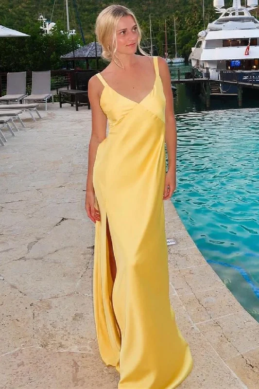 Midnight Madness V-Neck Tie-Back Maxi Dress with Slit in Yellow