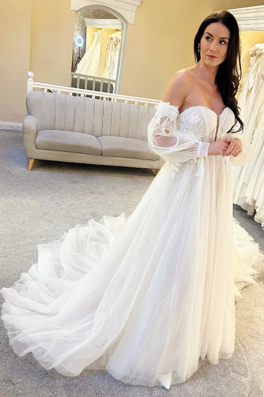 Online Exclusive Ivory Tulle A-Line Long Wedding Dress with Balloon Sleeves