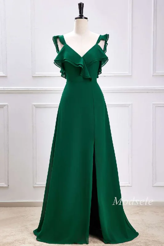Flash Deals Emerald Ruffle Flutter Sleeve Maxi Dress with Slit