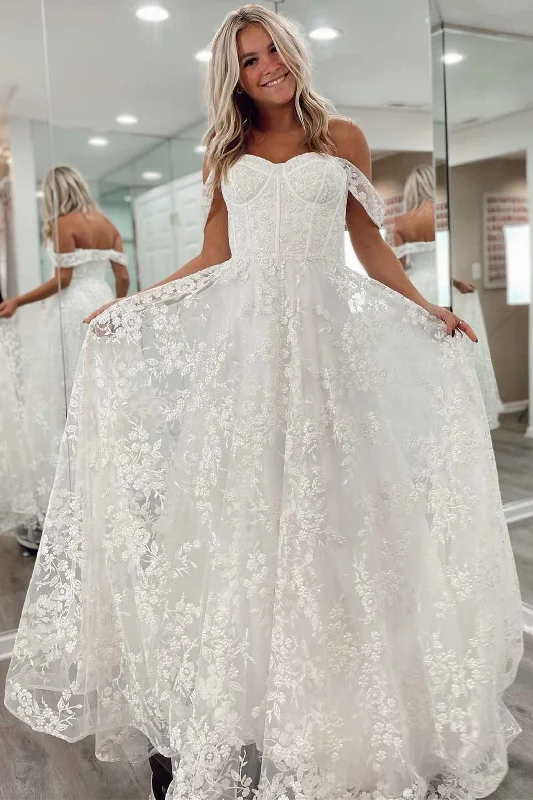 Quick Sale White Floral Lace Off-the-Shoulder A-Line Bridal Gown