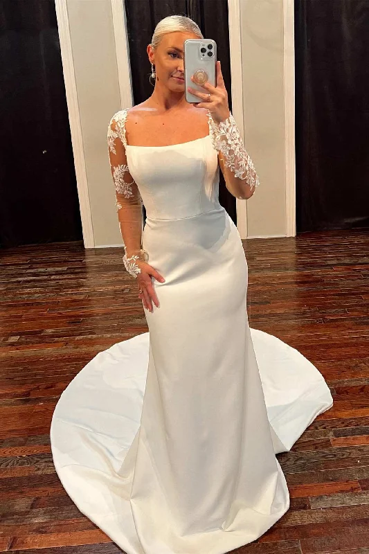 Today’s Deal White Square Neck Long Sleeve Mermaid Long Wedding Dress