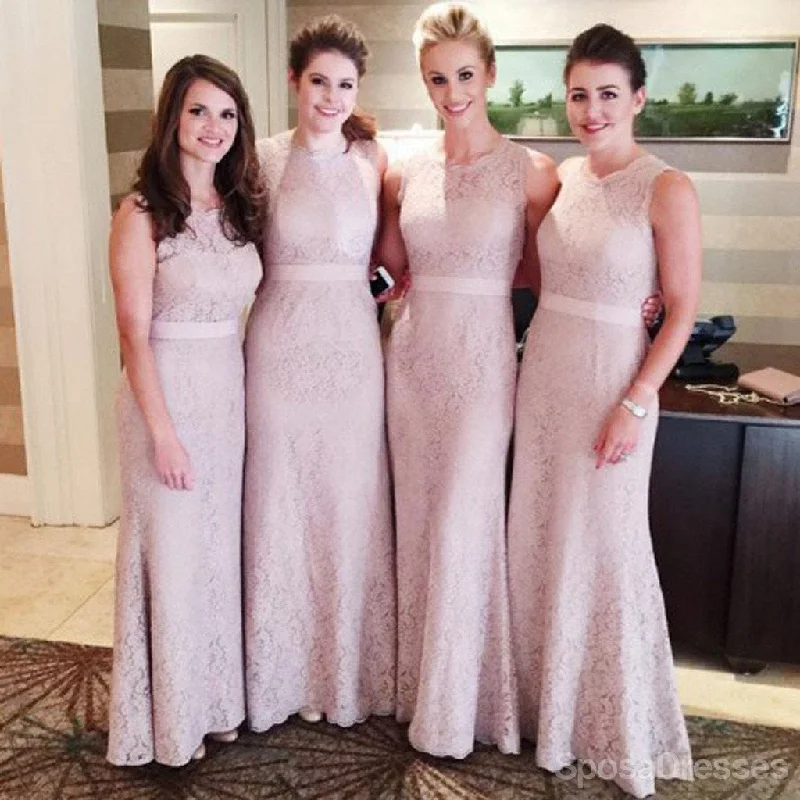 New Markdowns Women Modest Flesh Pink Small Round Neck Lace Mermaid Bridesmaid Dresses, WG112