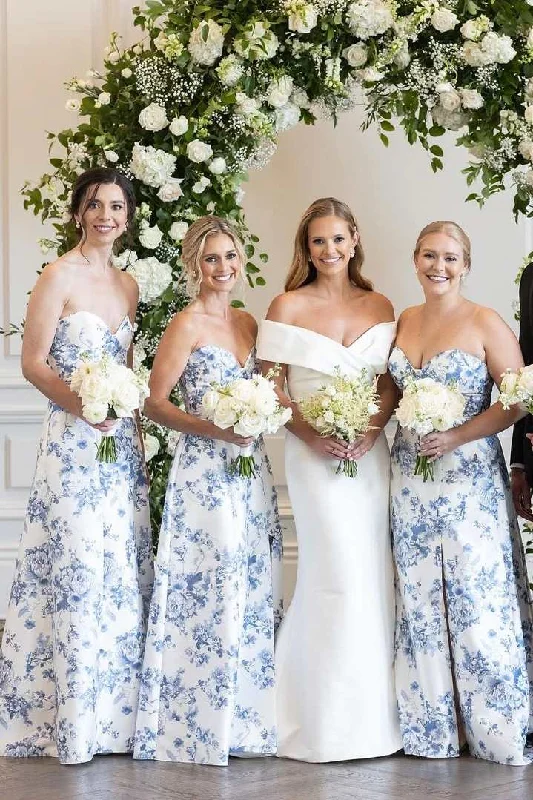 Big Savings Strapless Printing A-Line Sleeveless Long Formal Bridesmaid Dress with Slit