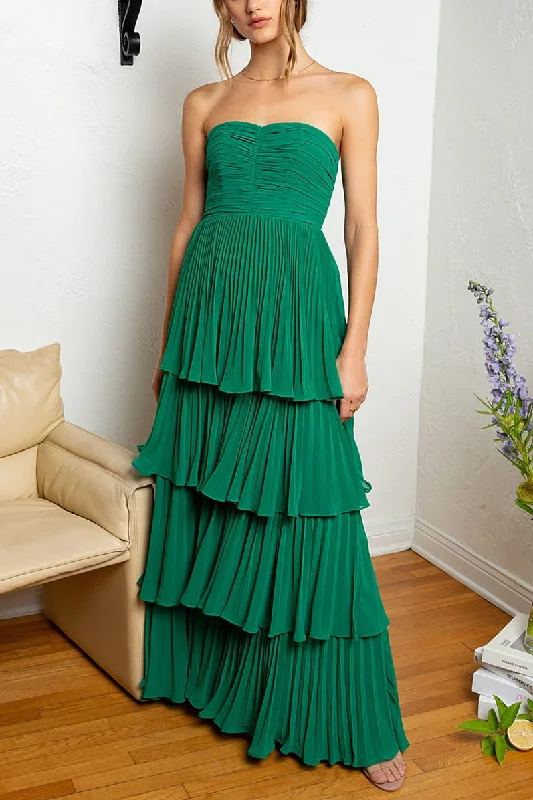 Final Clearance Emerald Green Strapless Multi-Layer Long Formal Dress
