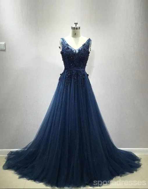 Special Price Sexy Backless V Neckline Navy Lace Beaded Evening Prom Dresses, Popular Navy Tulle Party Prom Dress, Custom Long Prom Dresses, Cheap Formal Prom Dresses, 17155