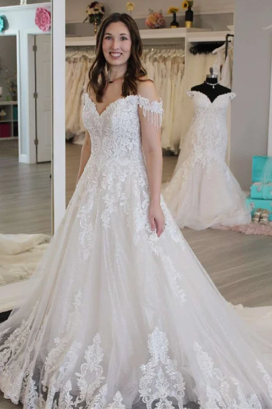 Mega Sale White Appliques Off-the-Shoulder Tassel A-Line Long Wedding Dress