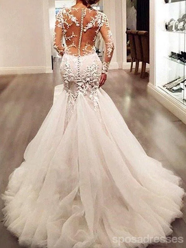 Final Markdown Long Sleeve Lace Mermaid Wedding Dresses,  See Through Long Custom Wedding Gowns,17101