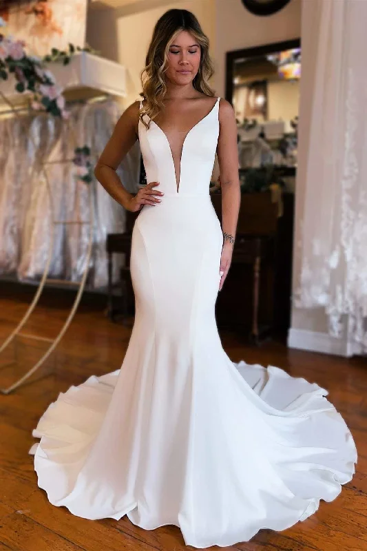Clearance Sale White Plunge V Backless Mermaid Long Wedding Dress