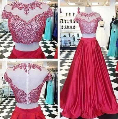 Savings Alert Red Two Pieces Evening Prom Dresses, Cap sleeve Beaded Party Prom Dress, Custom Long Prom Dresses, Cheap Formal Prom Dresses, 17066