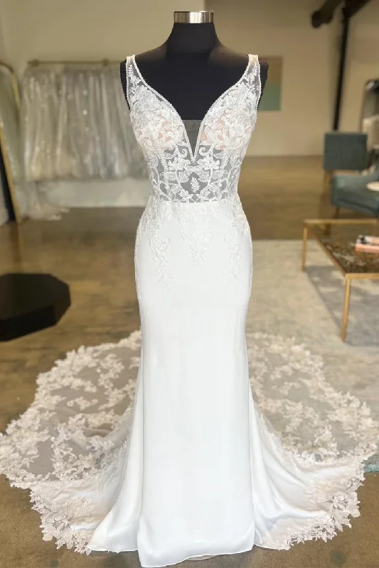 Price Cut White Plunge V Strapless Lace Mermaid Long Bridal Gown