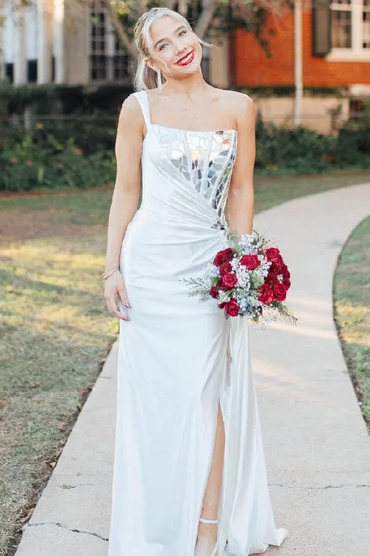 Unbeatable Prices White One Shoulder Square Neck Mirror-Cut Sequins Prom Dress with Slit Unbeatable Prices White One Shoulder Square Neck Mirror-Cut Sequins Prom Dress with Slit