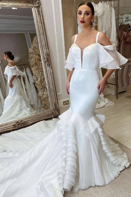 Extra Savings White Cold-Shoulder Ruffles Trumpet Long Wedding Dress