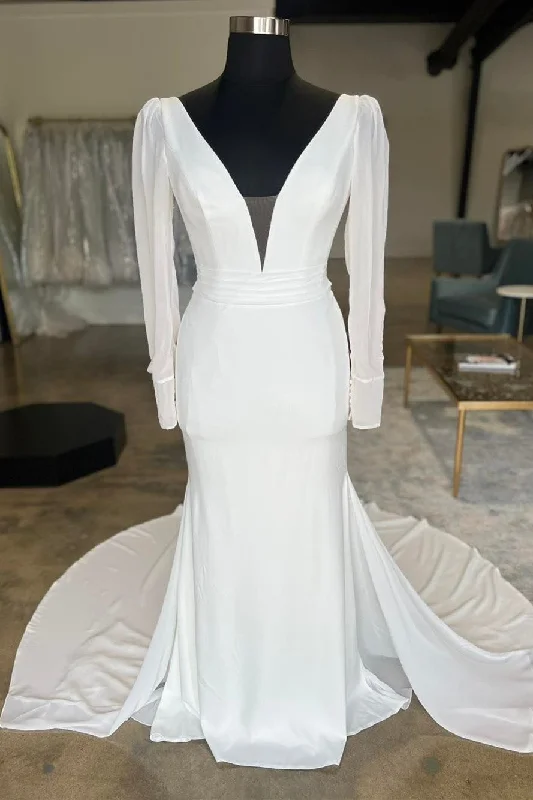 Year-End Clearance White Plunge V Open Back Long Wedding Dress with Long Sleeves