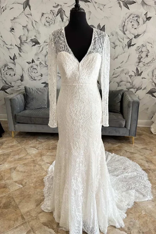 Must-Have Deals White Lace V-Neck Lace-Up Back Long Sleeve Mermaid Wedding Dress