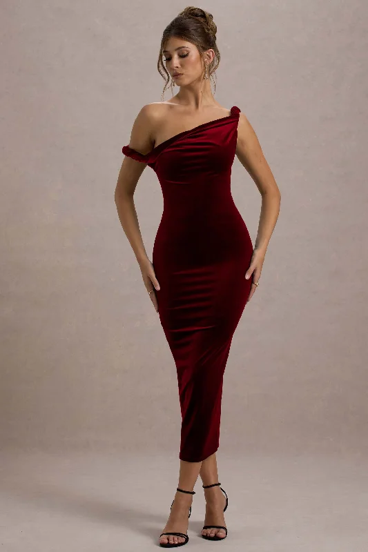 Quick Sale Carella | Berry Velvet Twisted Asymmetric Midi Dress