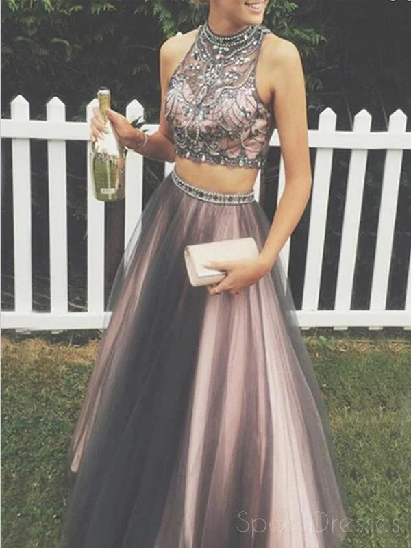 Early Bird Discount Sexy Two Pieces A line Beaded Evening Prom Dresses, Halter Long Tulle Party Prom Dress, 17085