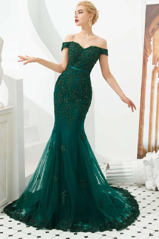 New Markdowns Hunter Green Off-the-Shoulder Appliques Trumpet Long Formal Dress
