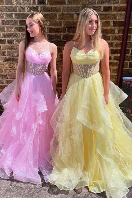 Don't Wait Classy Spaghetti Straps A-Line V-Neck Ruffles Tulle Long Prom Dress