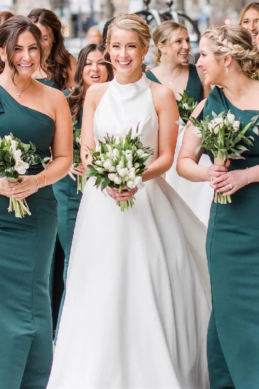 Huge Discounts White Halter A-line Satin Wedding Dress with Buttons