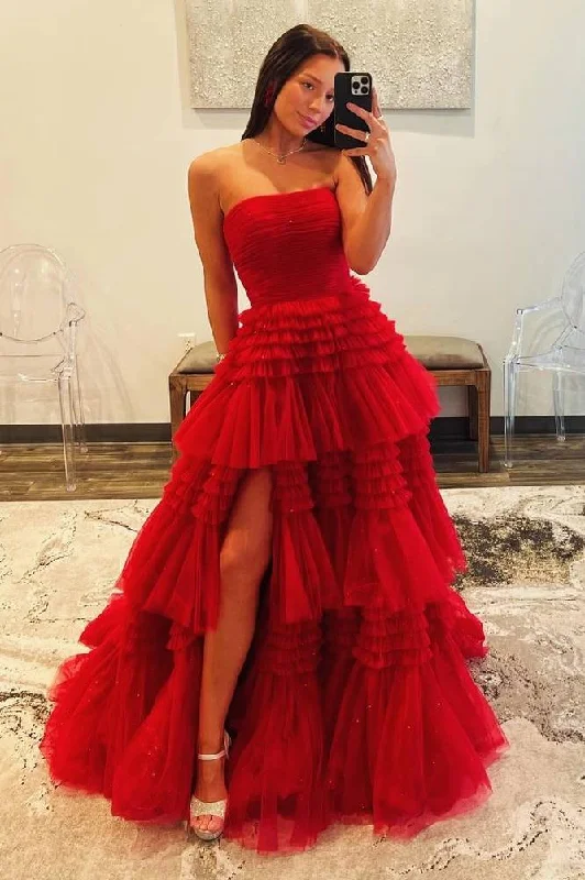 Time-Limited Offer Sky Blue Strapless A-Line Tiered Tulle Prom Dress with Slit