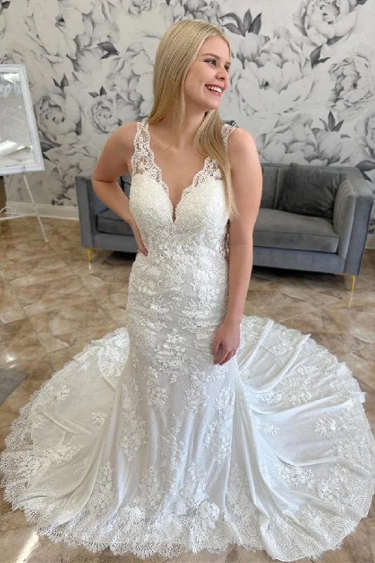 Deal Dash White Lace V-Neck Sheer Back Mermaid Long Wedding Dress