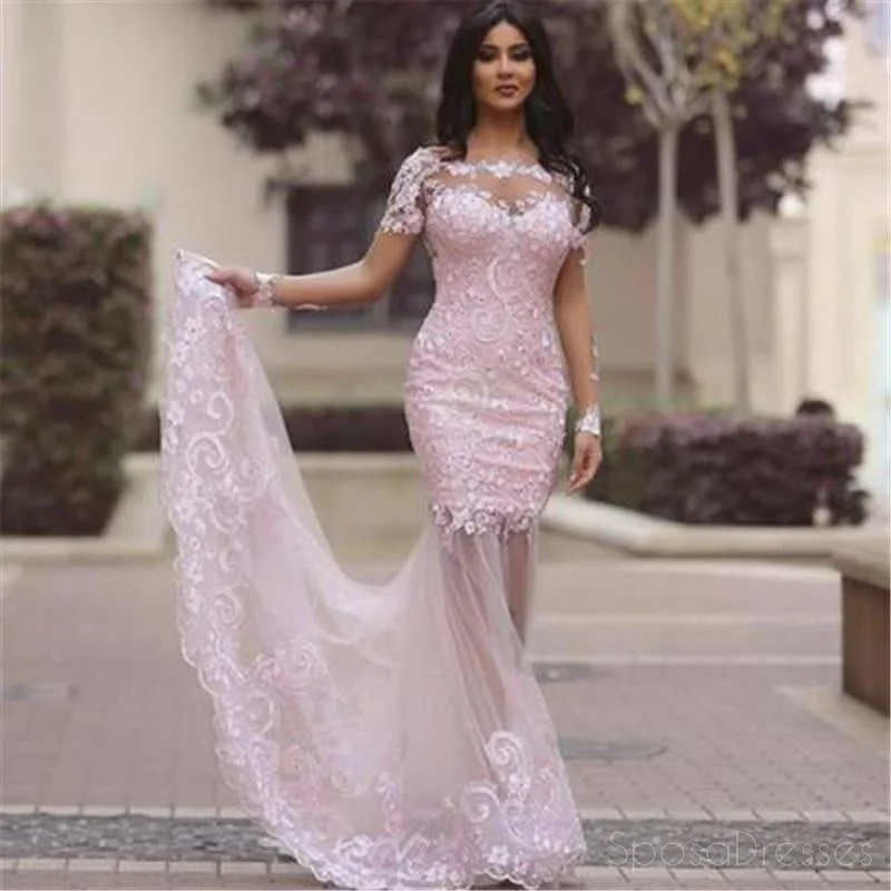 Daily Deals Long Sleeve Pink Lace Mermaid Evening Prom Dresses, Sexy See Through Party Prom Dress, Custom Long Prom Dresses, Cheap Formal Prom Dresses, 17042