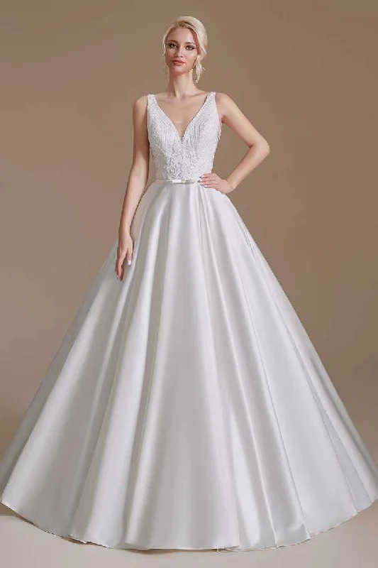 Special Discount White Embroidered V-Neck Open Back A-Line Long Wedding Dress