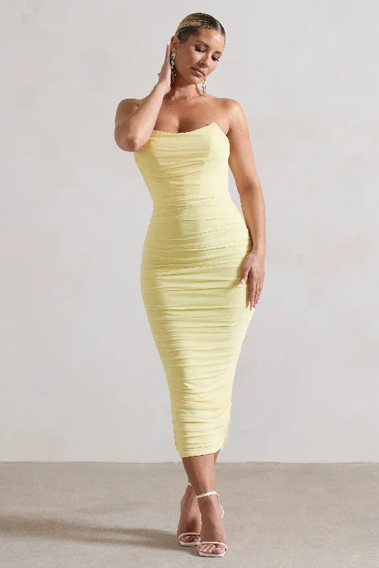 Value Deals Nylah | Lemon Ruched Corset Bodycon Midi Dress