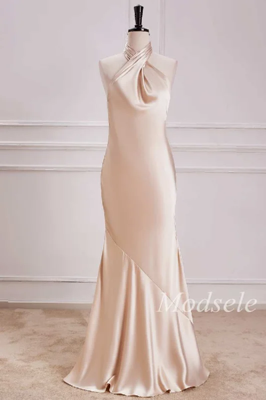 Act Now Halter Mermaid Maxi Dress in Champagne