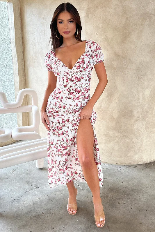 Major Savings Solem Midi Dress - White / Rose Floral