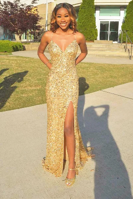 Special Discount Gold Sequin V-Neck Spaghetti Strap Mermaid Prom Dress