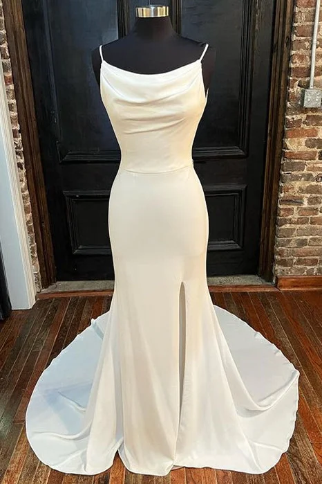 Super Sale White Cowl Neck Backless Mermaid Long Wedding Dress with Slit